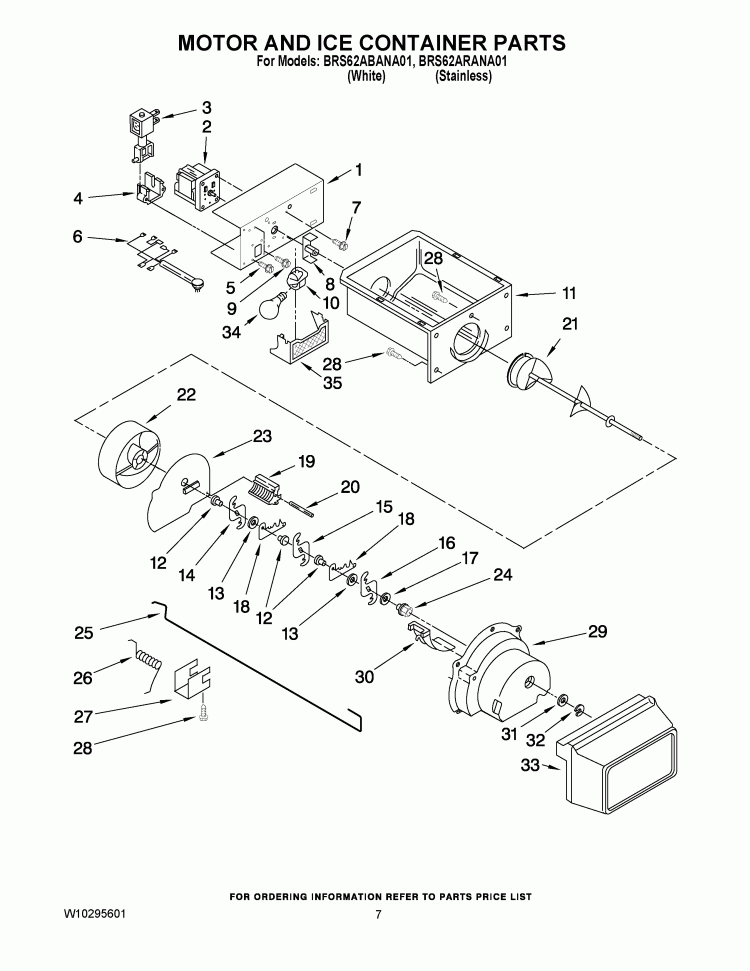 MOTOR AND ICE CONTAINER PARTS Diagram and Parts List for BRS62ARANA01  Whirlpool Refrigerator