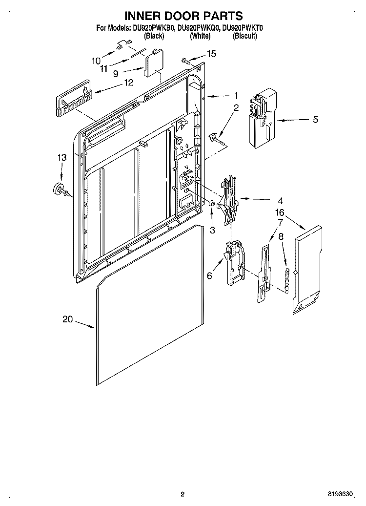 INNER DOOR Diagram and Parts List for DU920PWKT0  Whirlpool Dishwasher