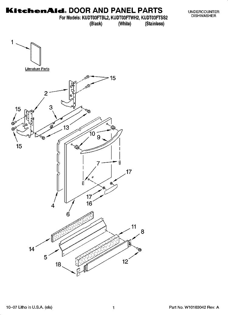 DOOR AND PANEL PARTS Diagram and Parts List for KUDT03FTBL2  KitchenAid Dishwasher