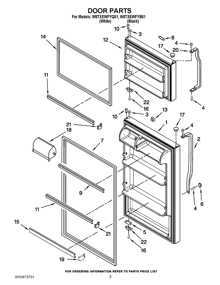 DOOR PARTS Diagram and Parts List for W8TXEWFYB01  Whirlpool Refrigerator