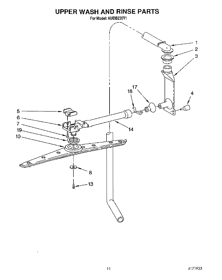 UPPER WASH AND RINSE Diagram and Parts List for KUDB230Y1  KitchenAid Dishwasher