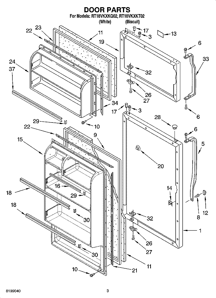 DOOR PARTS Diagram and Parts List for RT18VKXKQ02  Roper Refrigerator