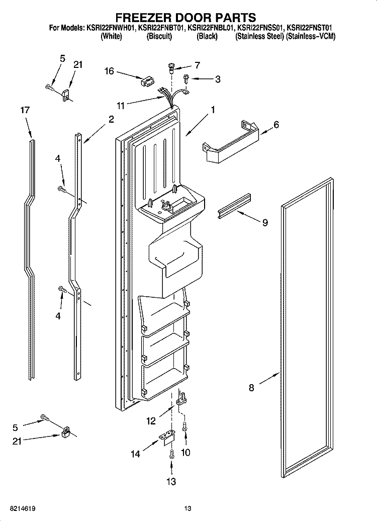 FREEZER DOOR PARTS Diagram and Parts List for KSRI22FNBL01  KitchenAid Refrigerator
