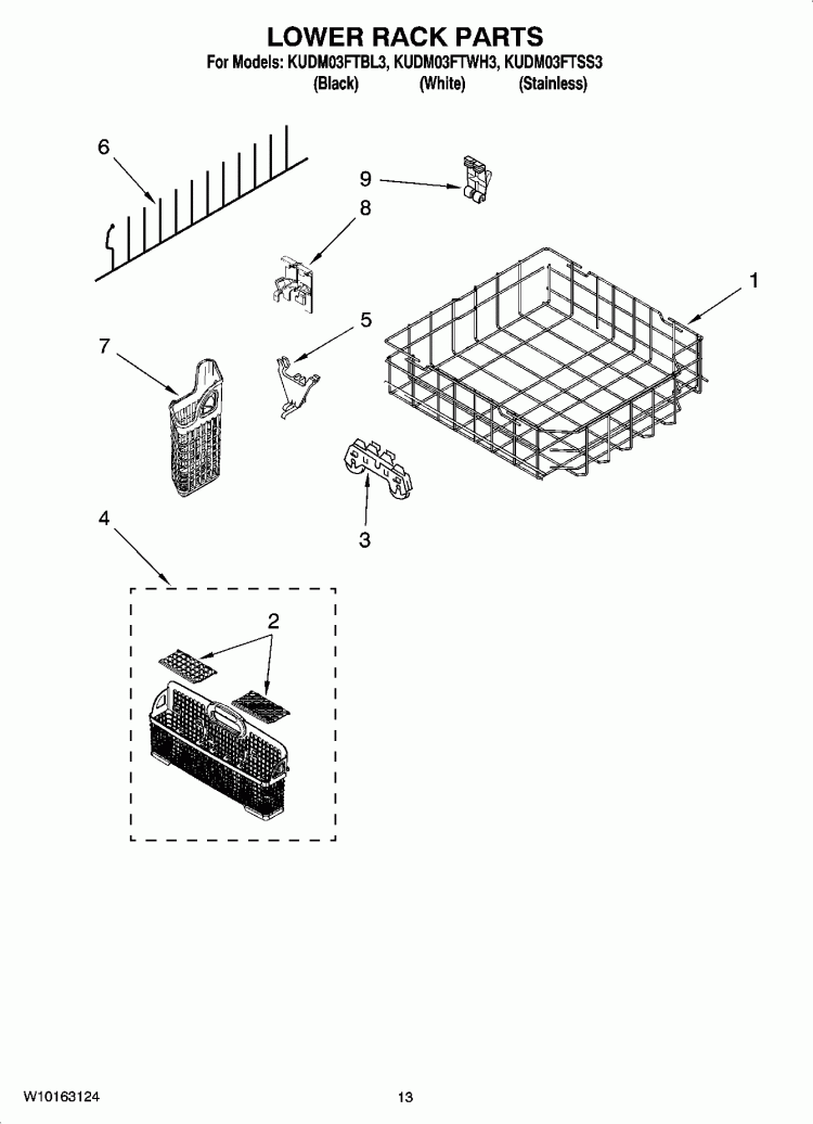 LOWER RACK PARTS Diagram and Parts List for KUDM03FTBL3  KitchenAid Dishwasher