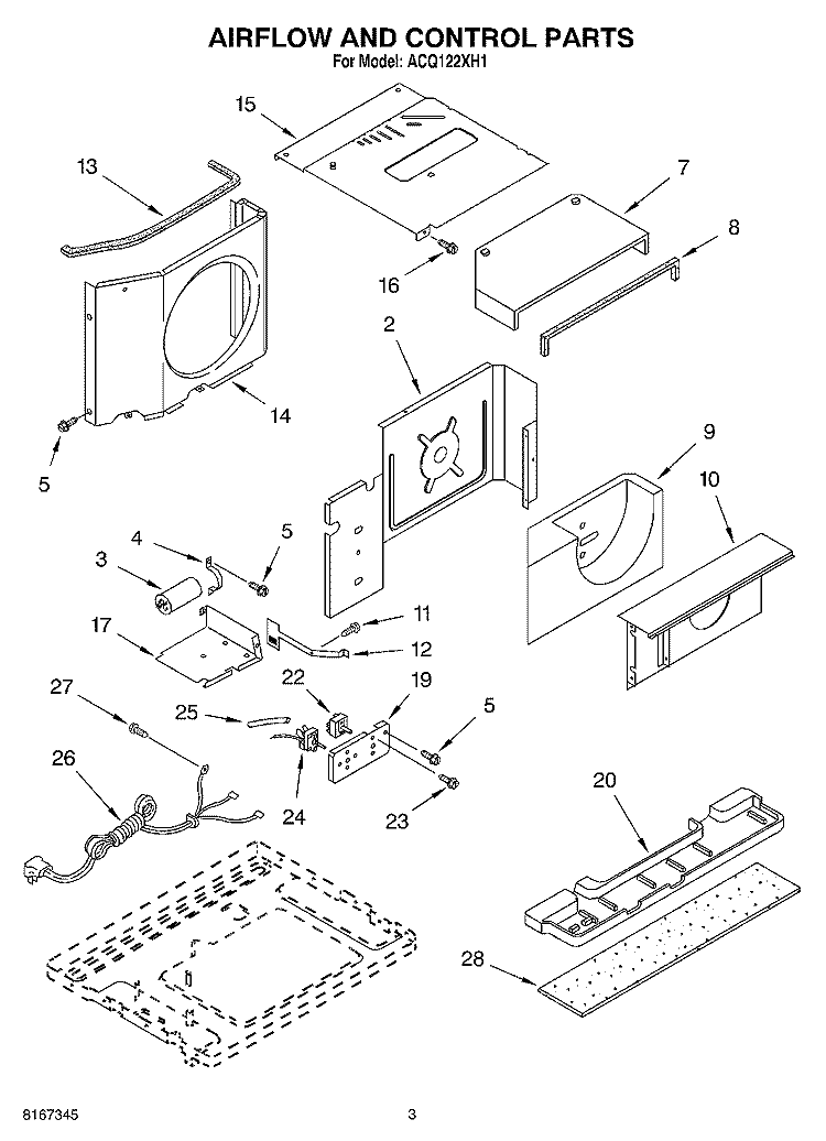AIR FLOW AND CONTROL PARTS Diagram and Parts List for ACQ122XH1  Whirlpool Air Conditioner