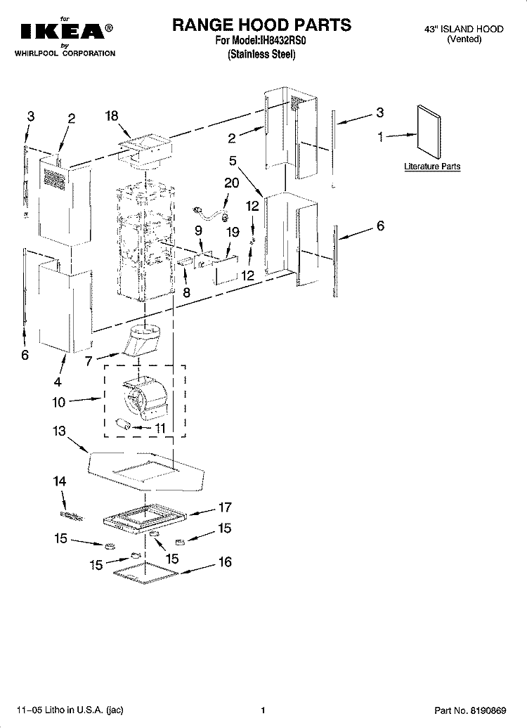 RANGE HOOD PARTS Diagram and Parts List for IH8432RS0  Whirlpool Range Hood