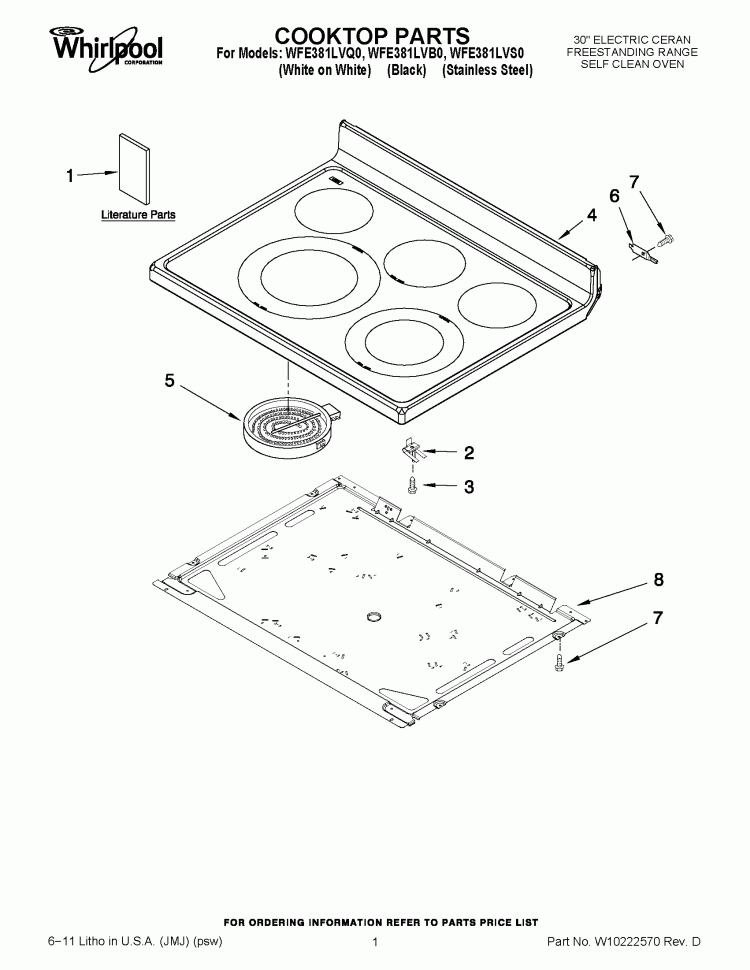 COOKTOP PARTS Diagram and Parts List for WFE381LVB0  Whirlpool Range