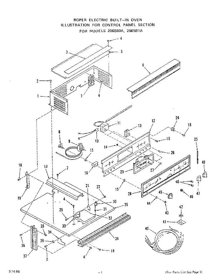 CONTROL PANEL Diagram and Parts List for 2065B1A  Roper Range