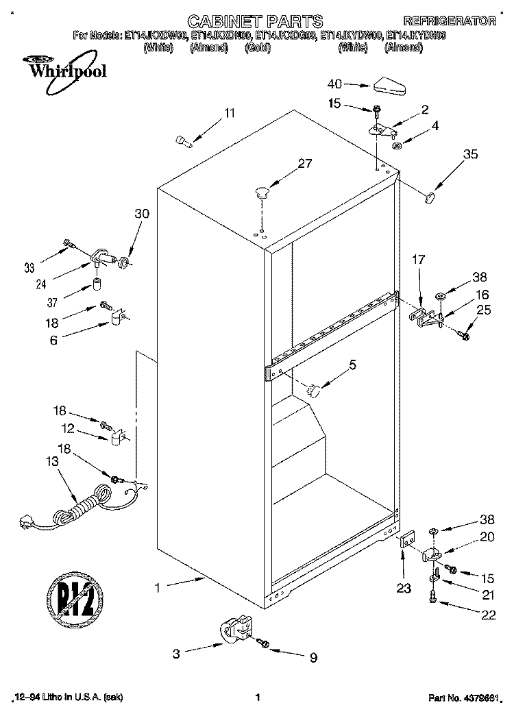 CABINET Diagram and Parts List for ET14JKYDN00  Whirlpool Refrigerator