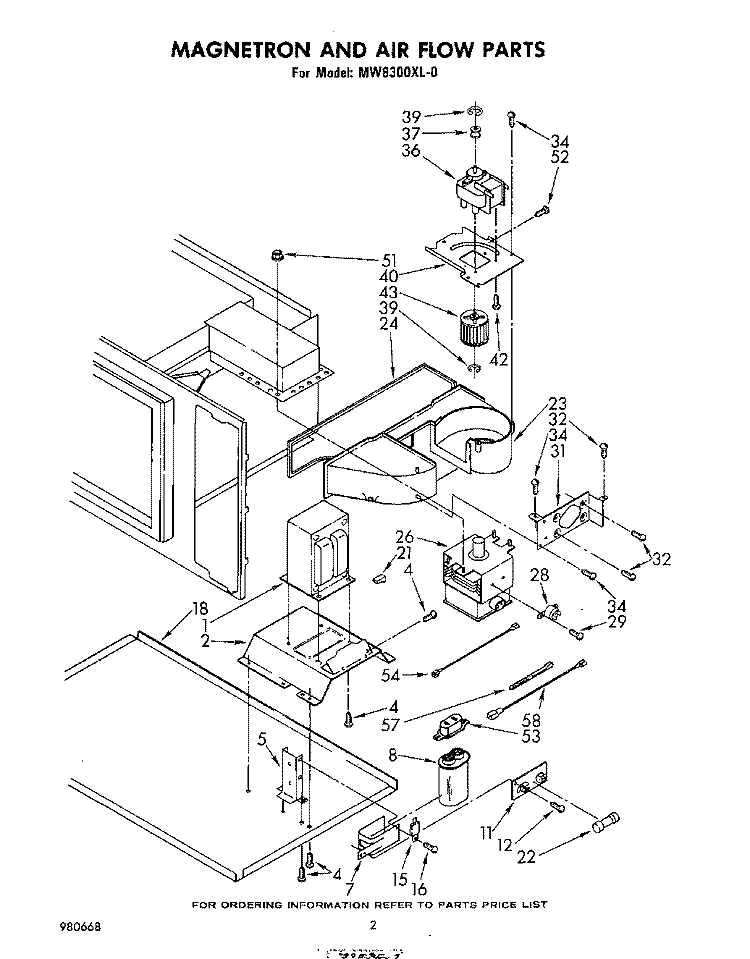 MAGNETRON AND AIR FLOW Diagram and Parts List for MW8300XL0  Whirlpool Microwave