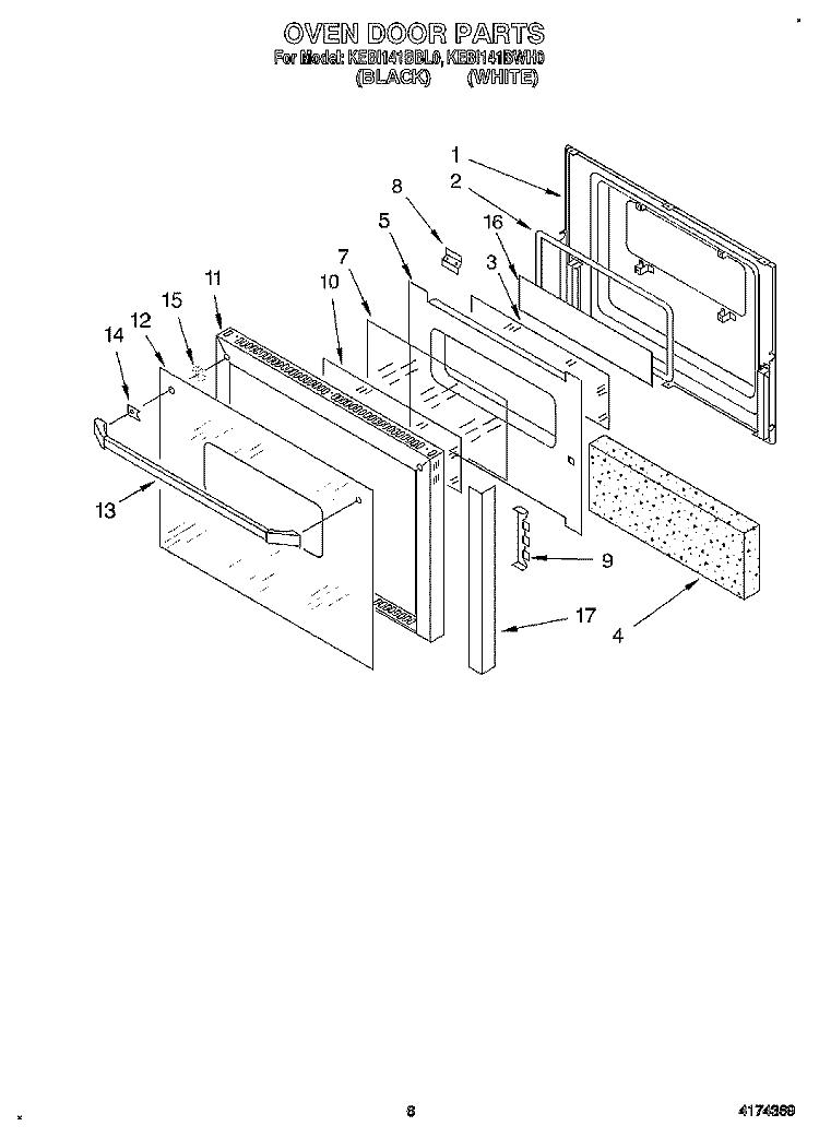 OVEN DOOR Diagram and Parts List for KEBI141BWH0  KitchenAid Wall Oven