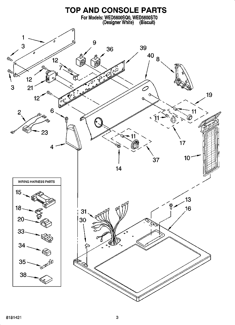 TOP AND CONSOLE PARTS Diagram and Parts List for WED5600SQ0  Whirlpool Dryer