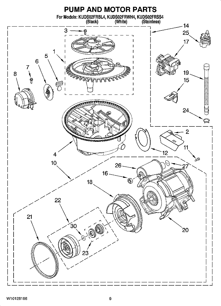 PUMP AND MOTOR PARTS Diagram and Parts List for KUDS02FRWH4  KitchenAid Dishwasher