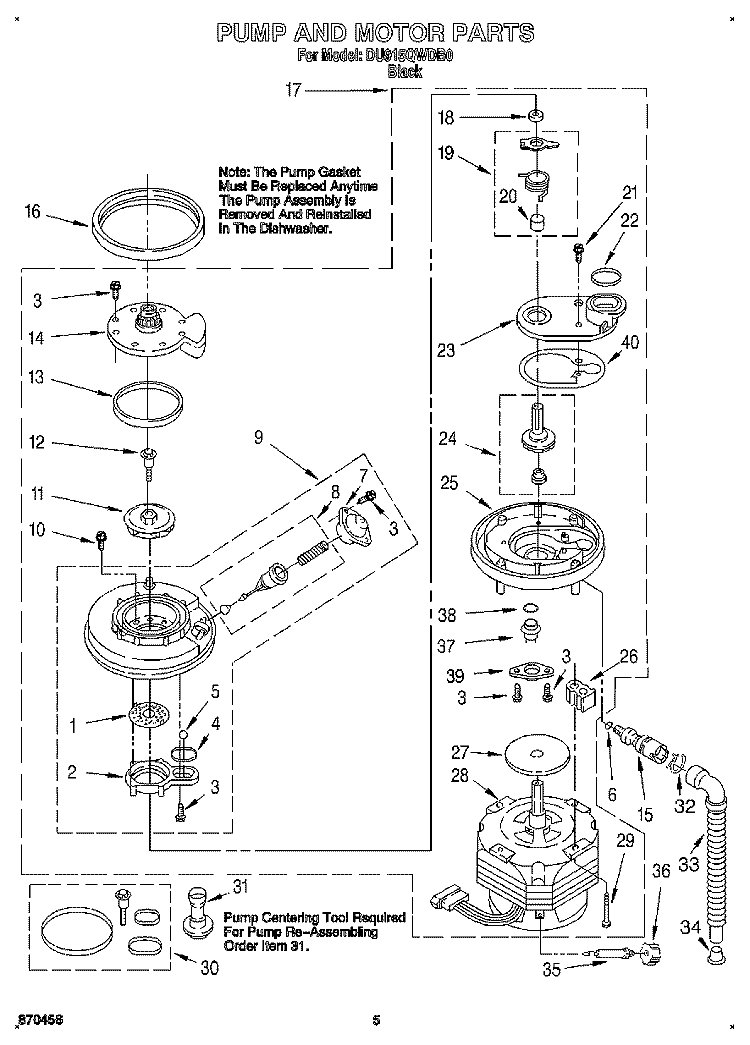 PUMP AND MOTOR Diagram and Parts List for DU915QWDB0  Whirlpool Dishwasher