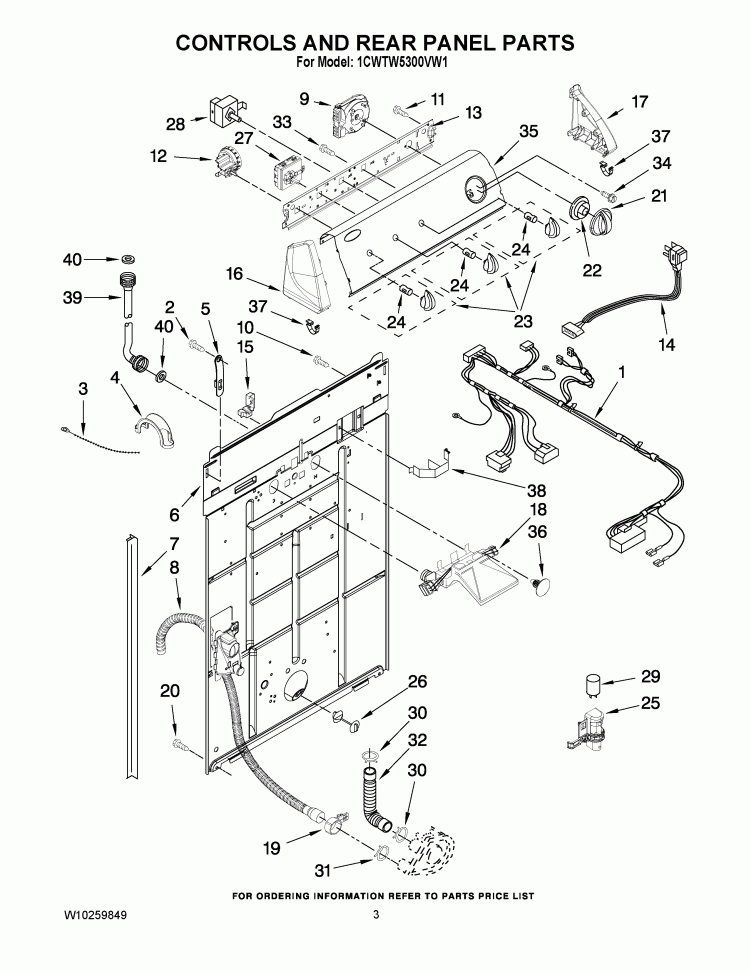CONTROLS AND REAR PANEL PARTS Diagram and Parts List for 1CWTW5300VW1  Whirlpool Washer