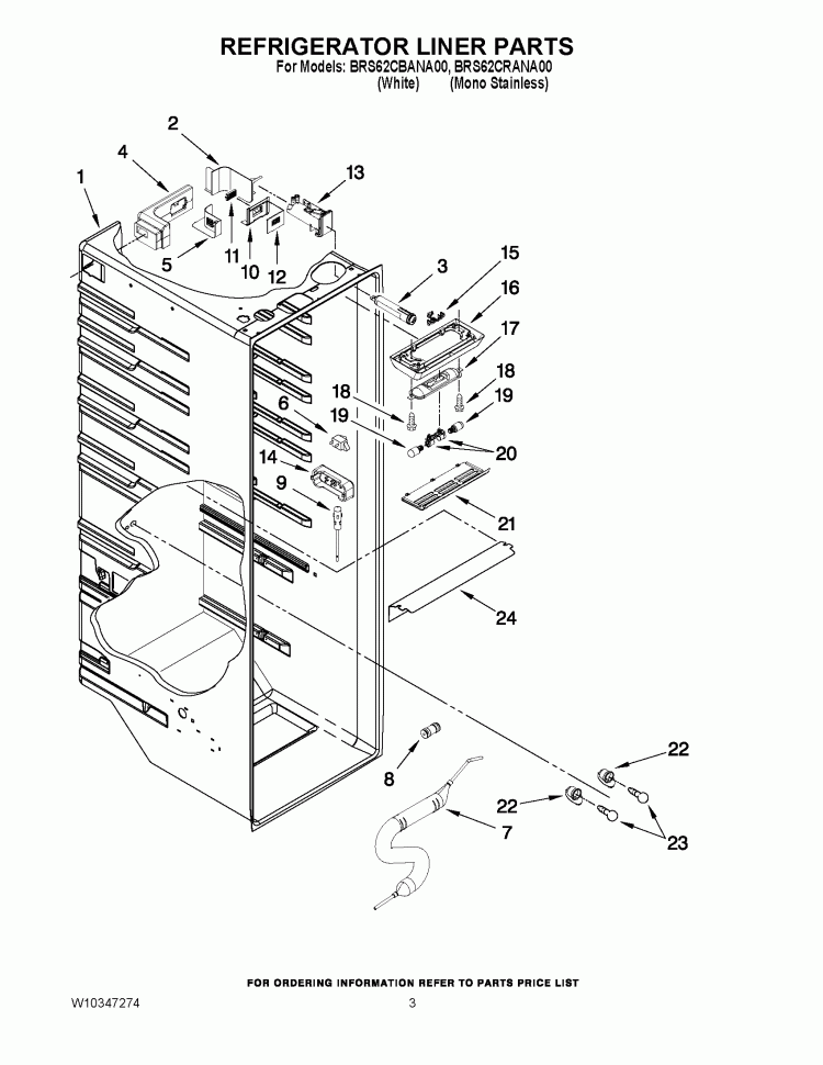 REFRIGERATOR LINER PARTS Diagram and Parts List for BRS62CRANA00  Whirlpool Refrigerator