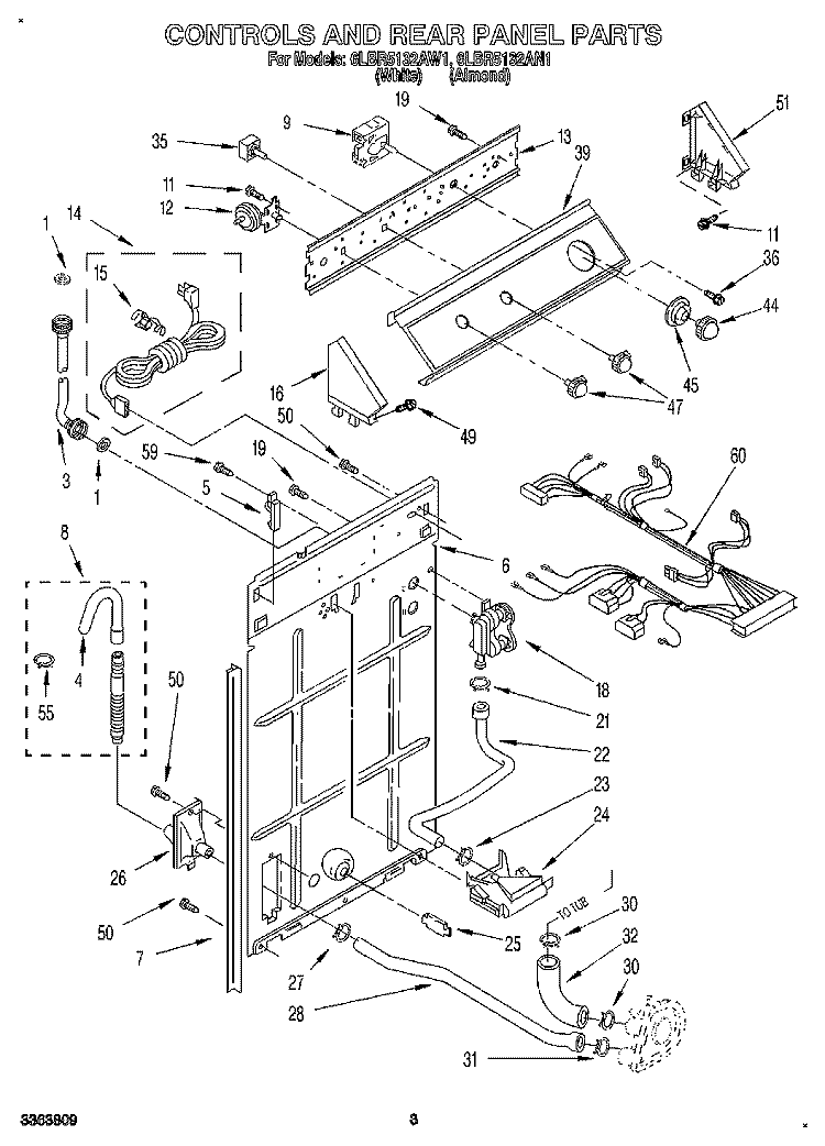 CONTROLS AND REAR PANEL Diagram and Parts List for 6LBR5132AN1  Whirlpool Washer