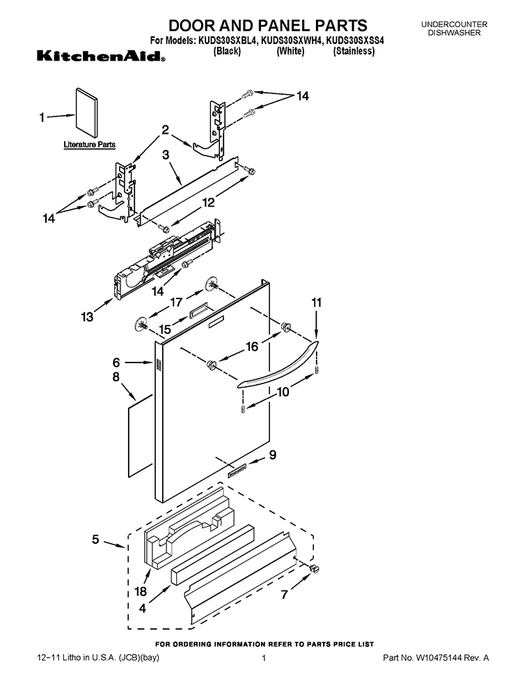 DOOR AND PANEL PARTS Diagram and Parts List for KUDS30SXSS4  KitchenAid Dishwasher