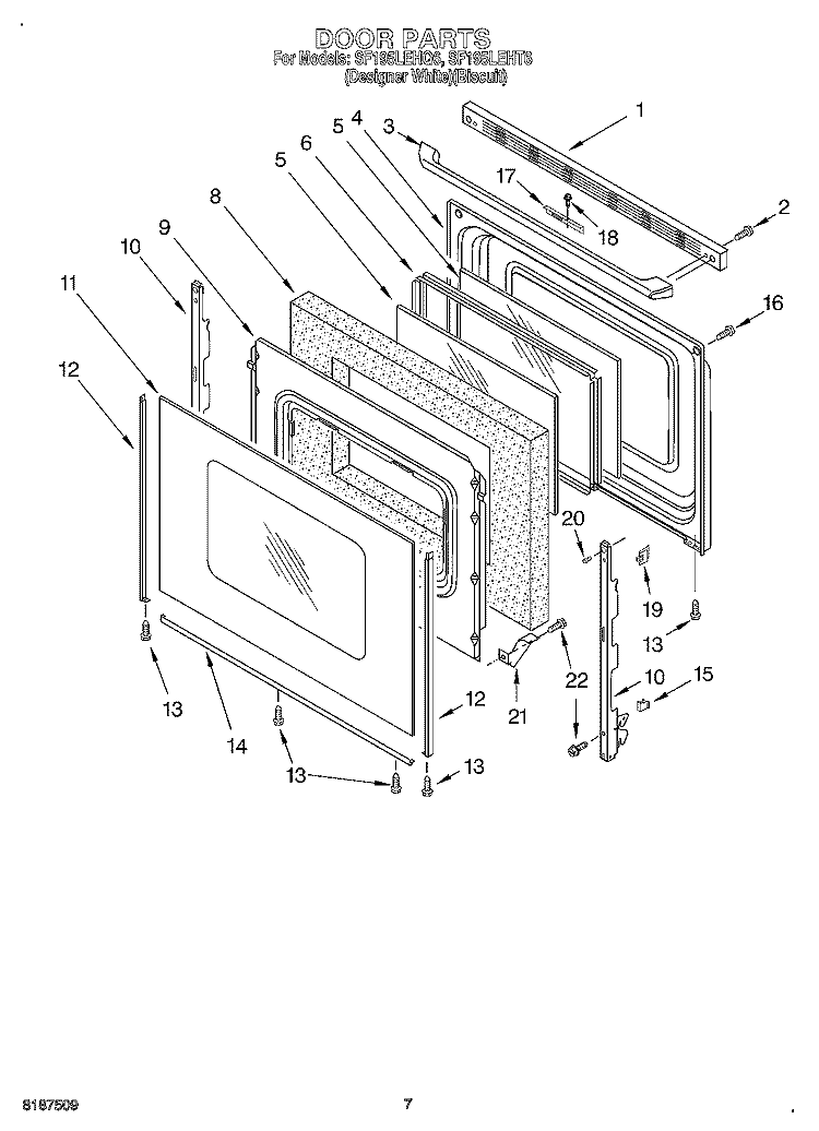 DOOR Diagram and Parts List for SF195LEHQ6  Whirlpool Range