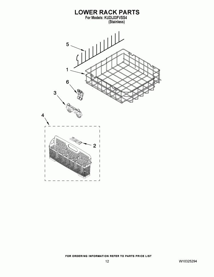 LOWER RACK PARTS Diagram and Parts List for KUDL03FVSS4  KitchenAid Dishwasher