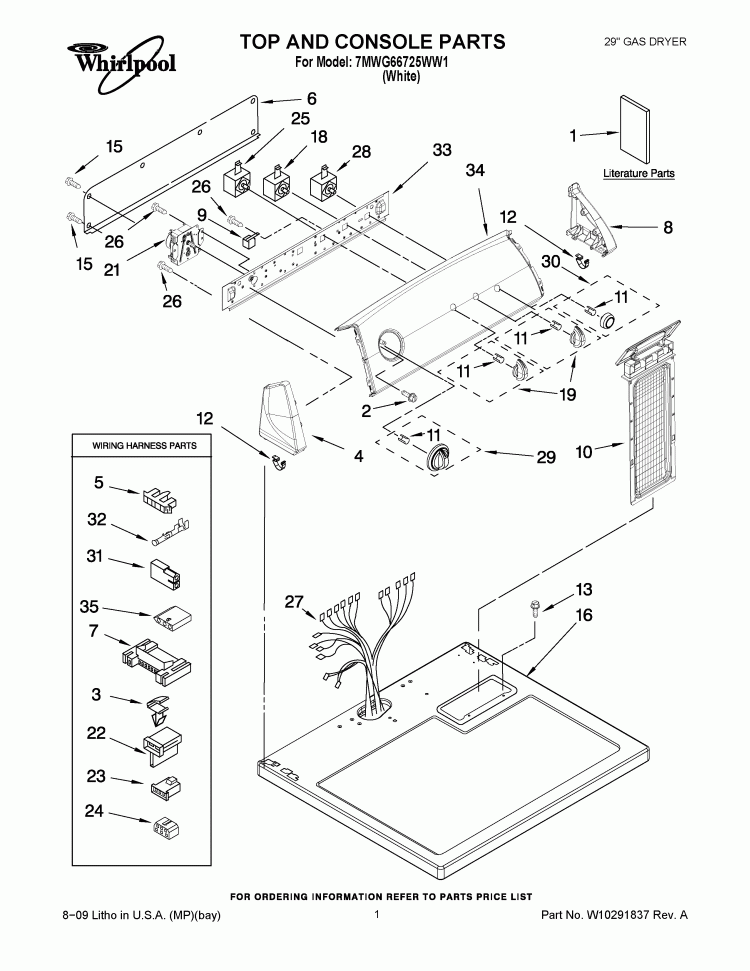 TOP AND CONSOLE PARTS Diagram and Parts List for 7MWG66725WW1  Whirlpool Dryer