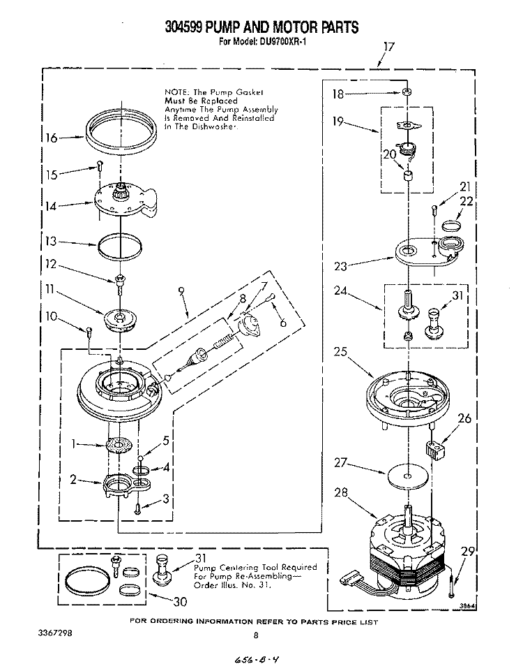 304599 PUMP AND MOTOR Diagram and Parts List for DU9700XR1  Whirlpool Dishwasher