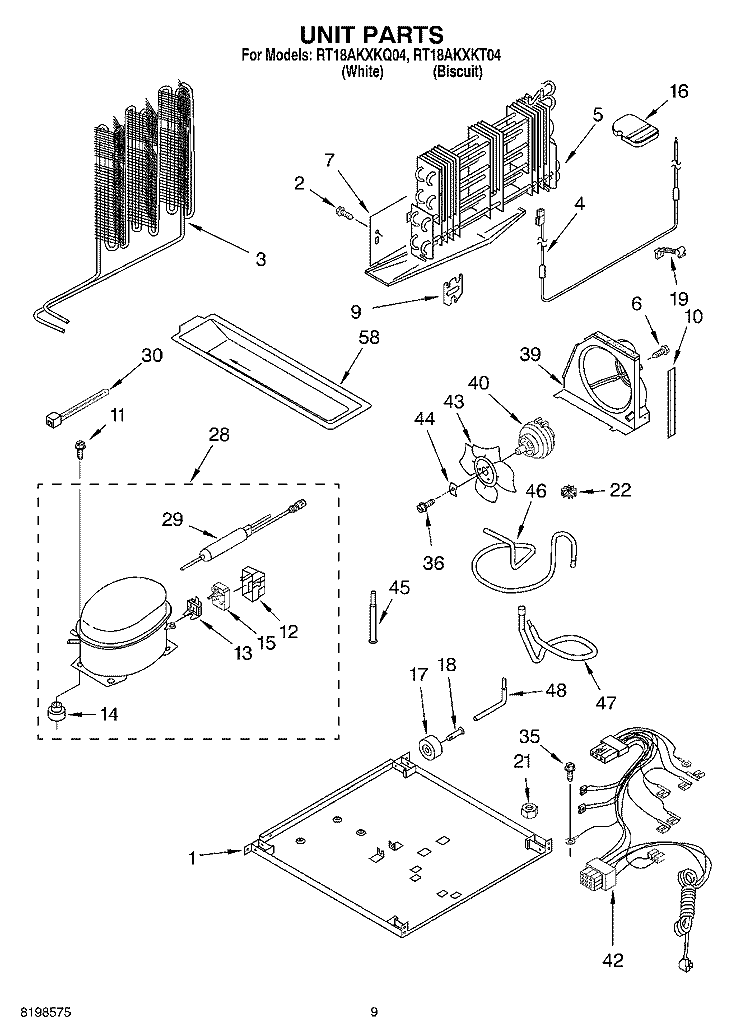 UNIT PARTS, OPTIONAL PARTS Diagram and Parts List for RT18AKXKQ04  Roper Refrigerator