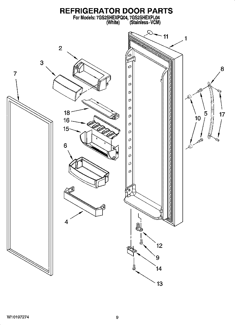 REFRIGERATOR DOOR PARTS Diagram and Parts List for 7GS2SHEXPQ04  Whirlpool Refrigerator