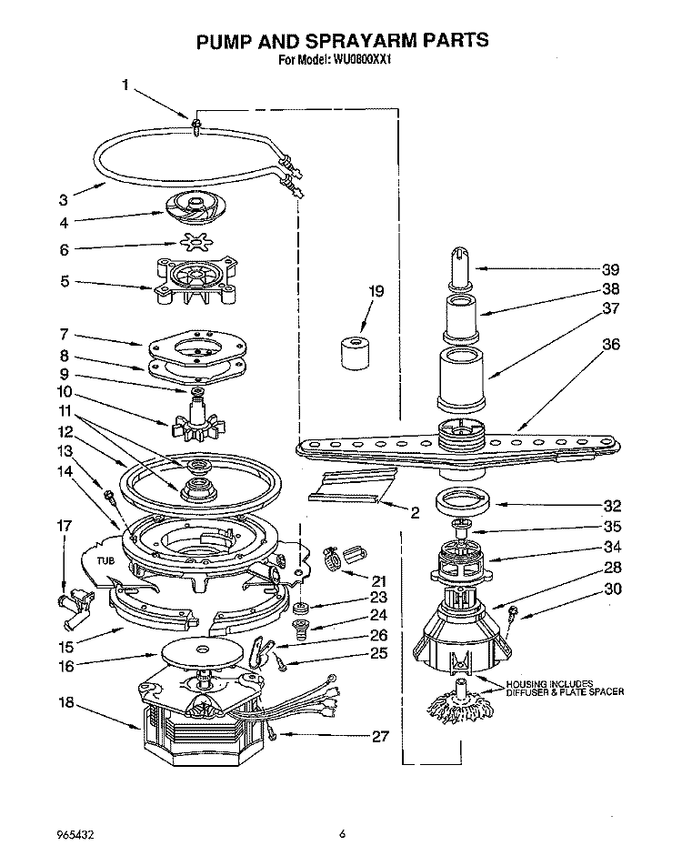 PUMP AND SPRAYARM Diagram and Parts List for WU0800XX1  Roper Dishwasher