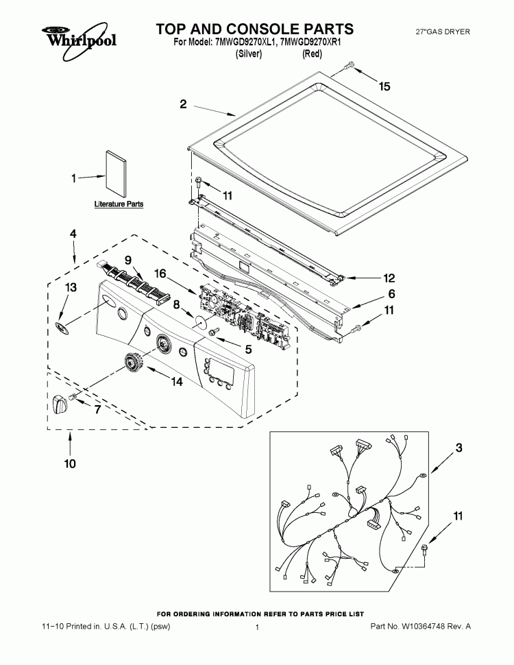 TOP AND CONSOLE PARTS Diagram and Parts List for 7MWGD9270XL1  Whirlpool Dryer