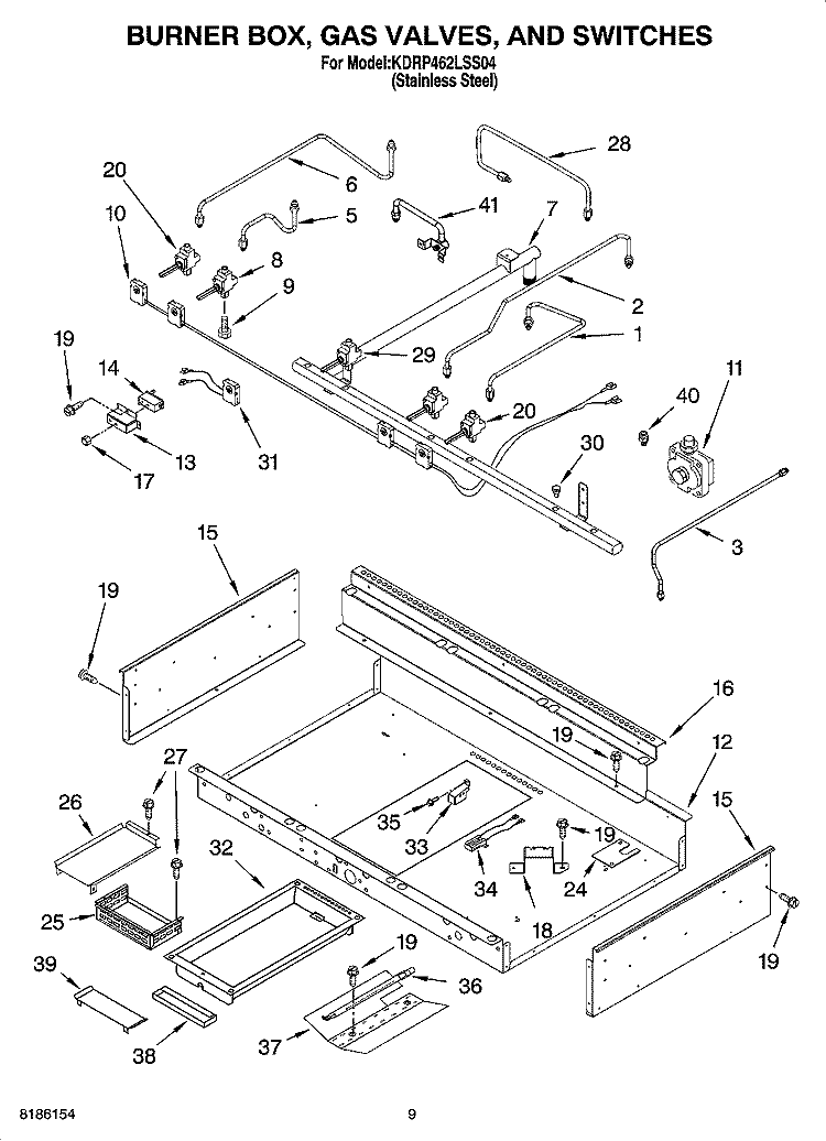 BURNER BOX, GAS VALVES, AND SWITCHES Diagram and Parts List for KDRP462LSS04  KitchenAid Range