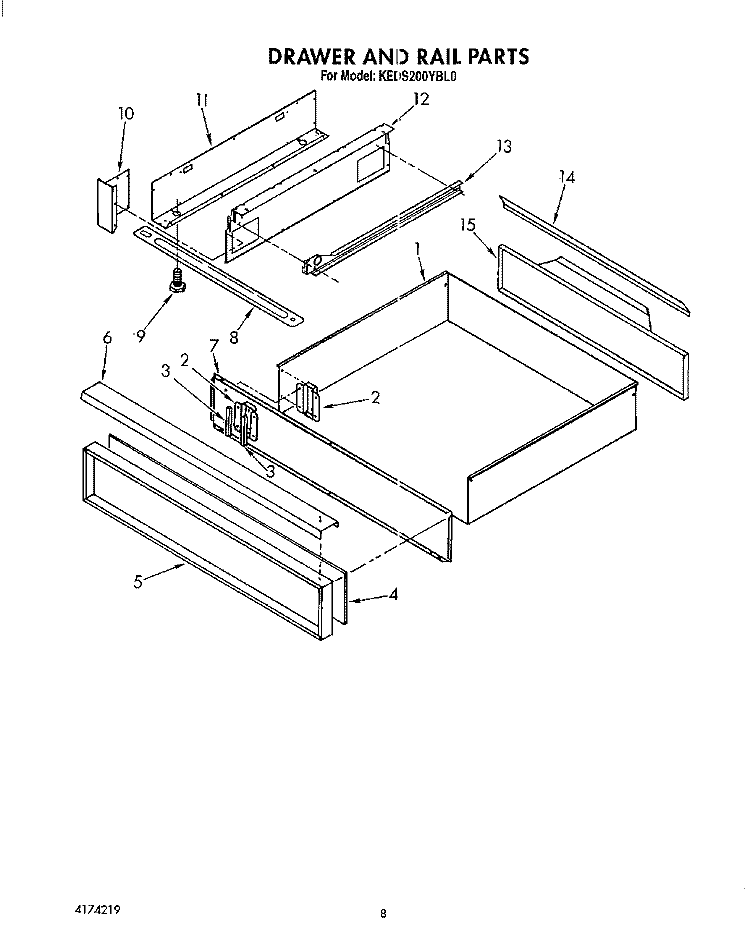 DRAWER AND RAIL Diagram and Parts List for KEDS200YWH0  KitchenAid Range