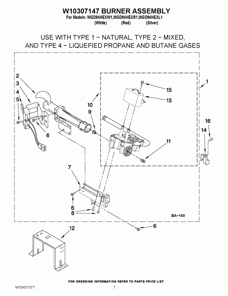 W10307147 BURNER ASSEMBLY Diagram and Parts List for WGD94HEXL1  Whirlpool Dryer