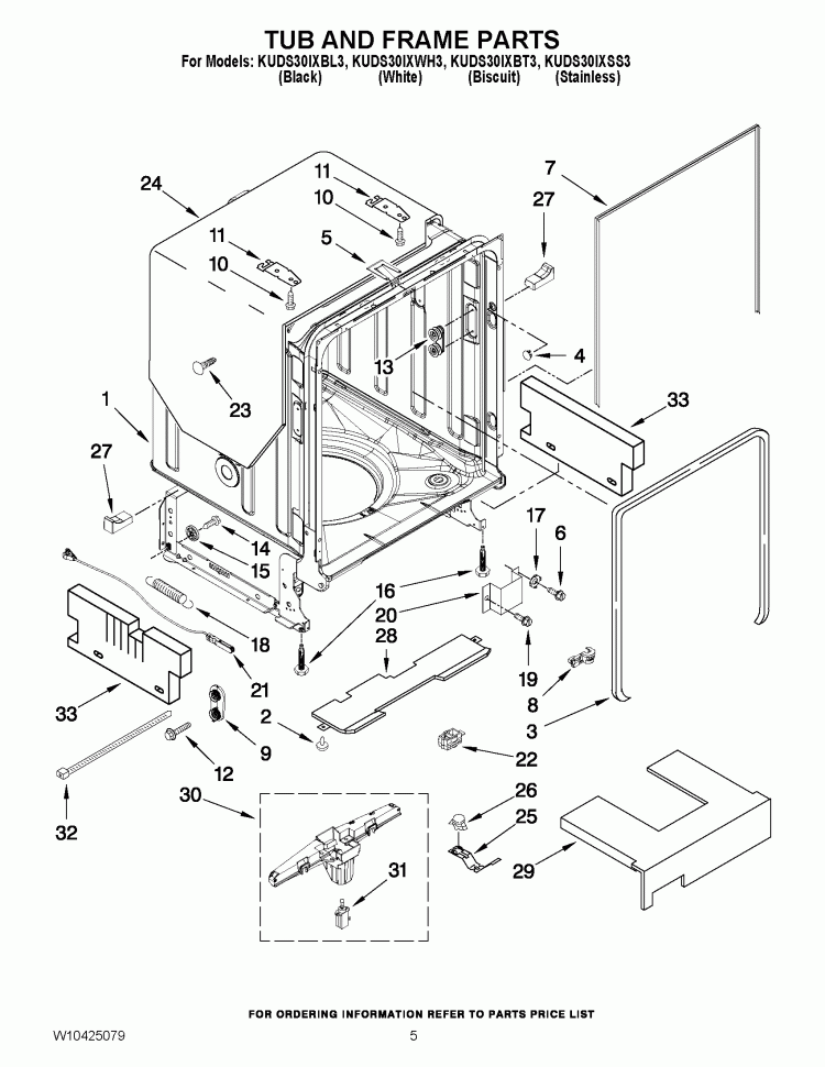 TUB AND FRAME PARTS Diagram and Parts List for KUDS30IXBL3  KitchenAid Dishwasher