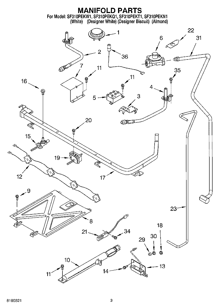 MANIFOLD PARTS Diagram and Parts List for SF310PEKN1  Whirlpool Range