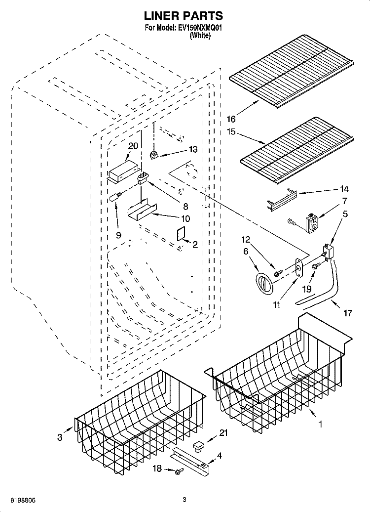 LINER PARTS Diagram and Parts List for EV150NXMQ01  Whirlpool Freezer