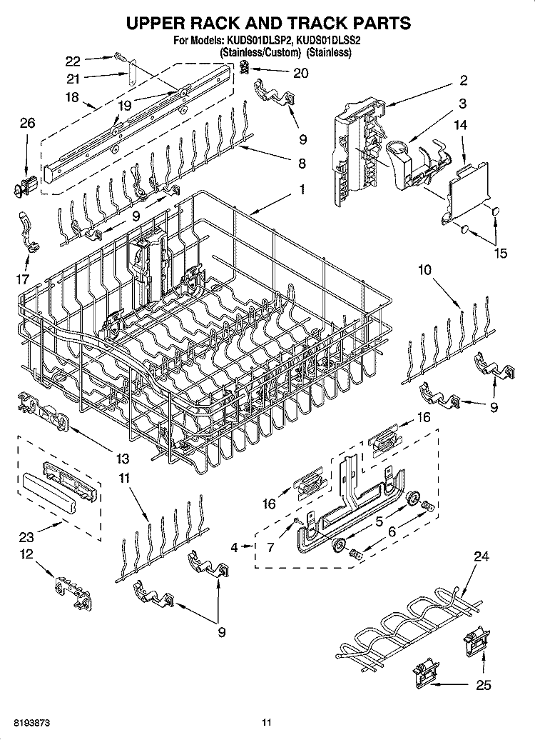 UPPER RACK AND TRACK PARTS Diagram and Parts List for KUDS01DLSS2  KitchenAid Dishwasher