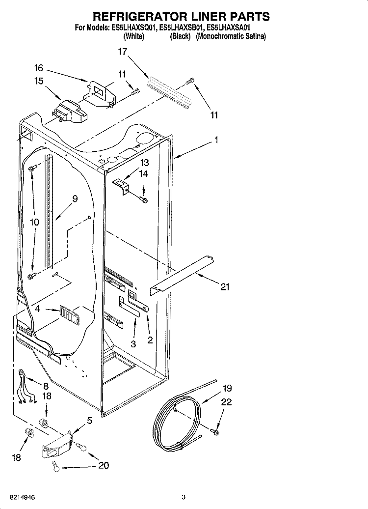 REFRIGERATOR LINER PARTS Diagram and Parts List for ES5LHAXSQ01  Whirlpool Refrigerator