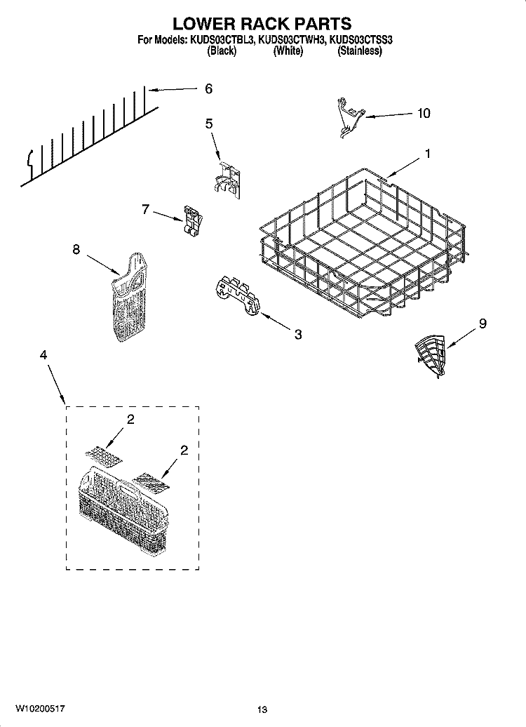 LOWER RACK PARTS Diagram and Parts List for KUDS03CTSS3  KitchenAid Dishwasher