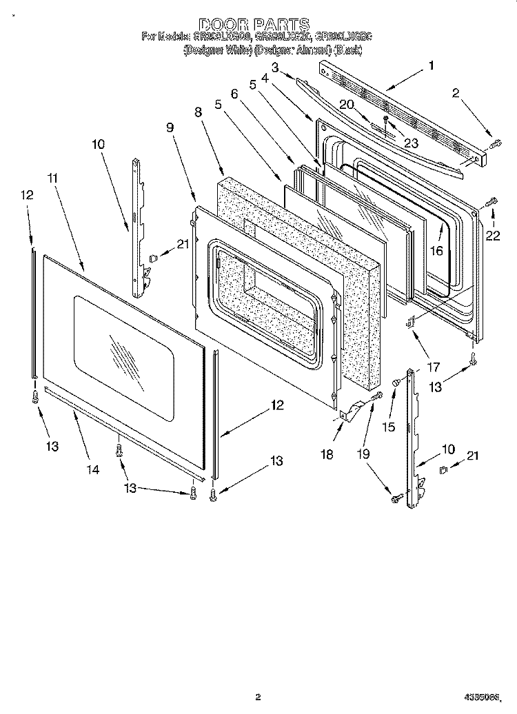 DOOR Diagram and Parts List for GR399LXGQ0  Whirlpool Range