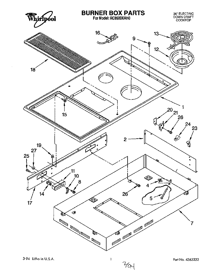 BURNER BOX, LIT/OPTIONAL Diagram and Parts List for RC8920XAH0  Whirlpool Cooktop