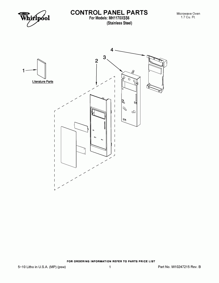 CONTROL PANEL PARTS Diagram and Parts List for MH1170XSS6  Whirlpool Microwave