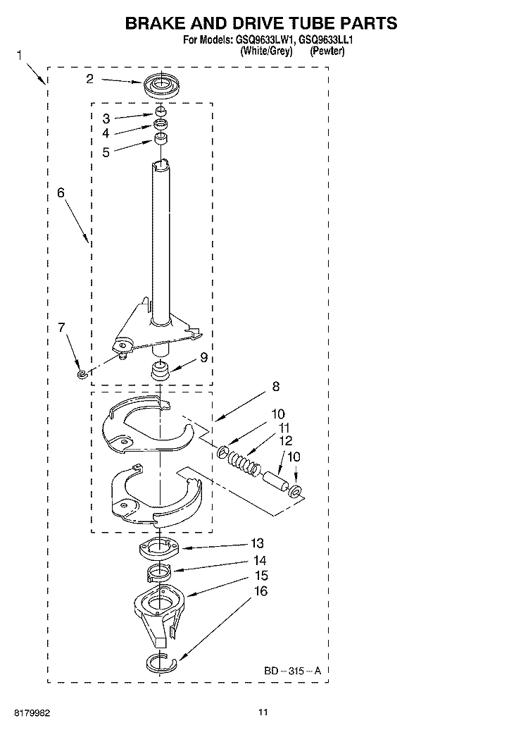 BRAKE AND DRIVE TUBE PARTS Diagram and Parts List for GSQ9633LL1  Whirlpool Washer