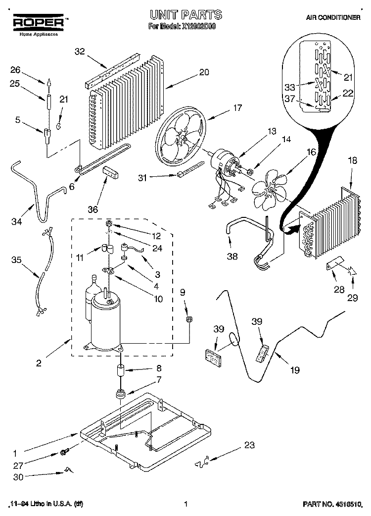 UNIT, LIT/OPTIONAL Diagram and Parts List for X12002D00  Roper Air Conditioner