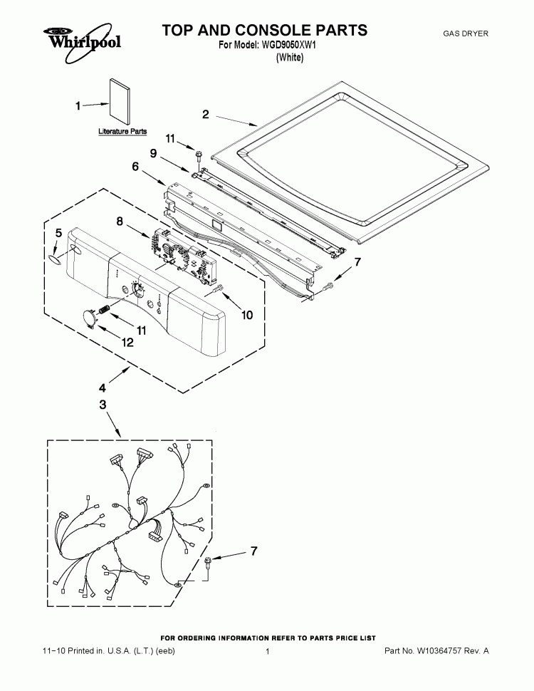TOP AND CONSOLE PARTS Diagram and Parts List for WGD9050XW1  Whirlpool Dryer