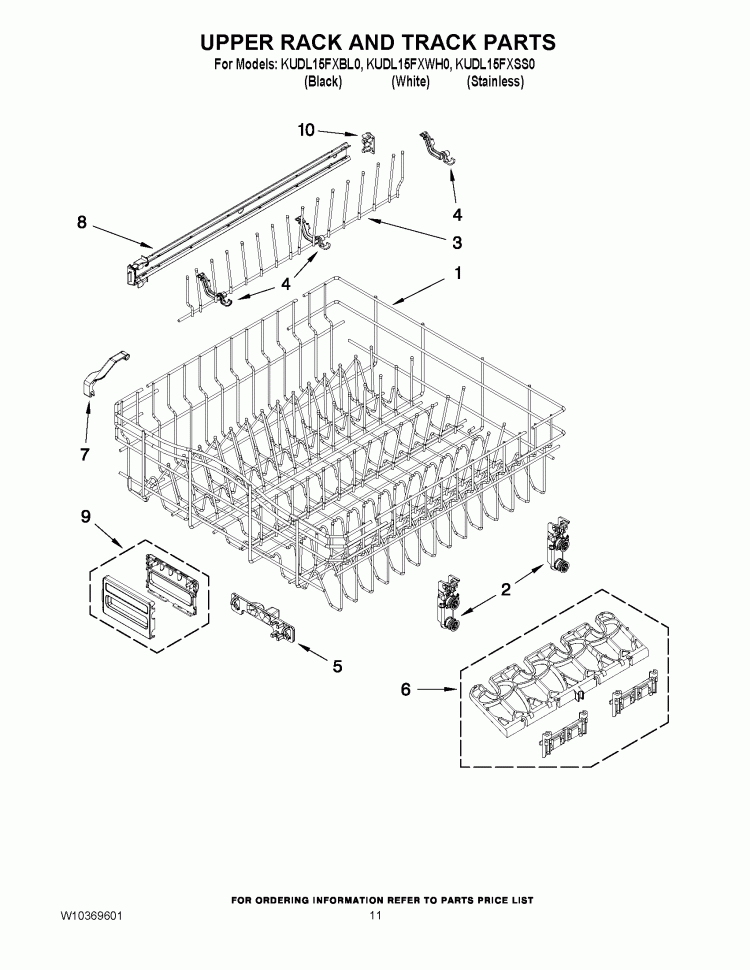 UPPER RACK AND TRACK PARTS Diagram and Parts List for KUDL15FXBL0  KitchenAid Dishwasher