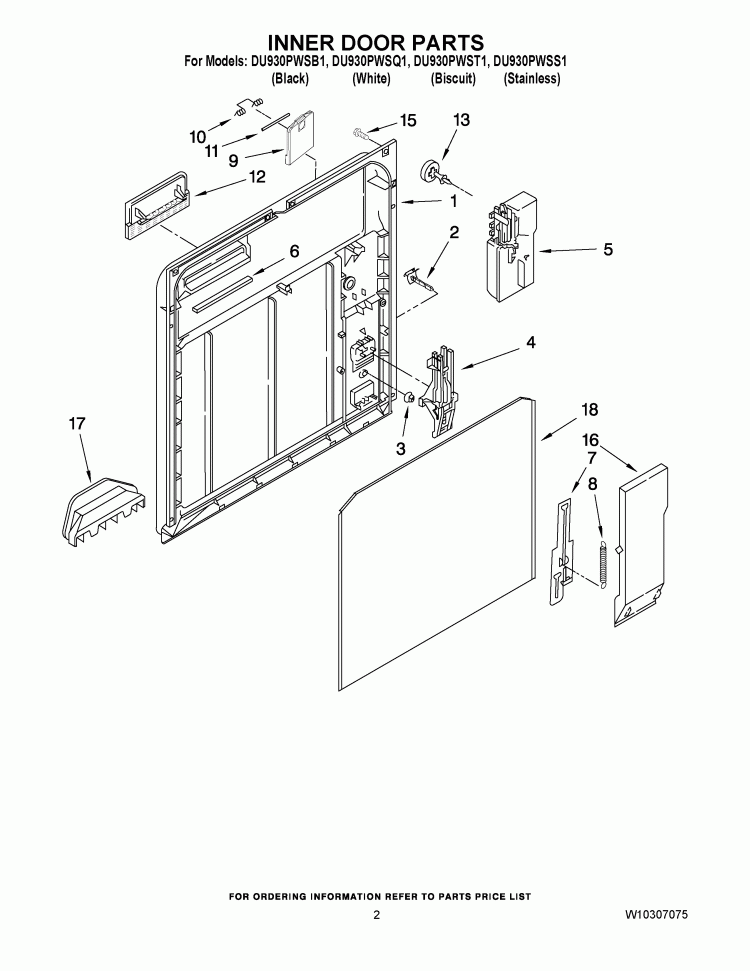 INNER DOOR PARTS Diagram and Parts List for DU930PWSS1  Whirlpool Dishwasher