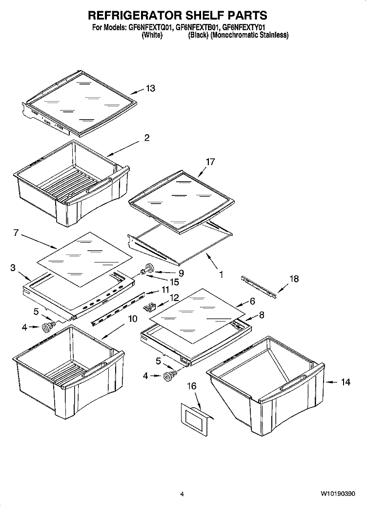 REFRIGERATOR SHELF PARTS Diagram and Parts List for GF6NFEXTY01  Whirlpool Refrigerator