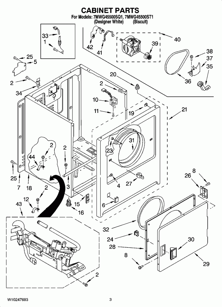 CABINET PARTS Diagram and Parts List for 7MWG45500ST1  Whirlpool Dryer