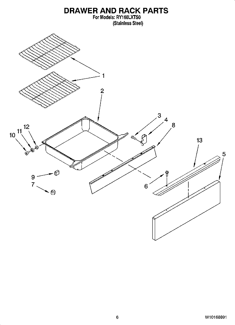 DRAWER AND RACK PARTS, OPTIONAL PARTS (NOT INCLUDED) Diagram and Parts List for RY160LXTS0  Whirlpool Range